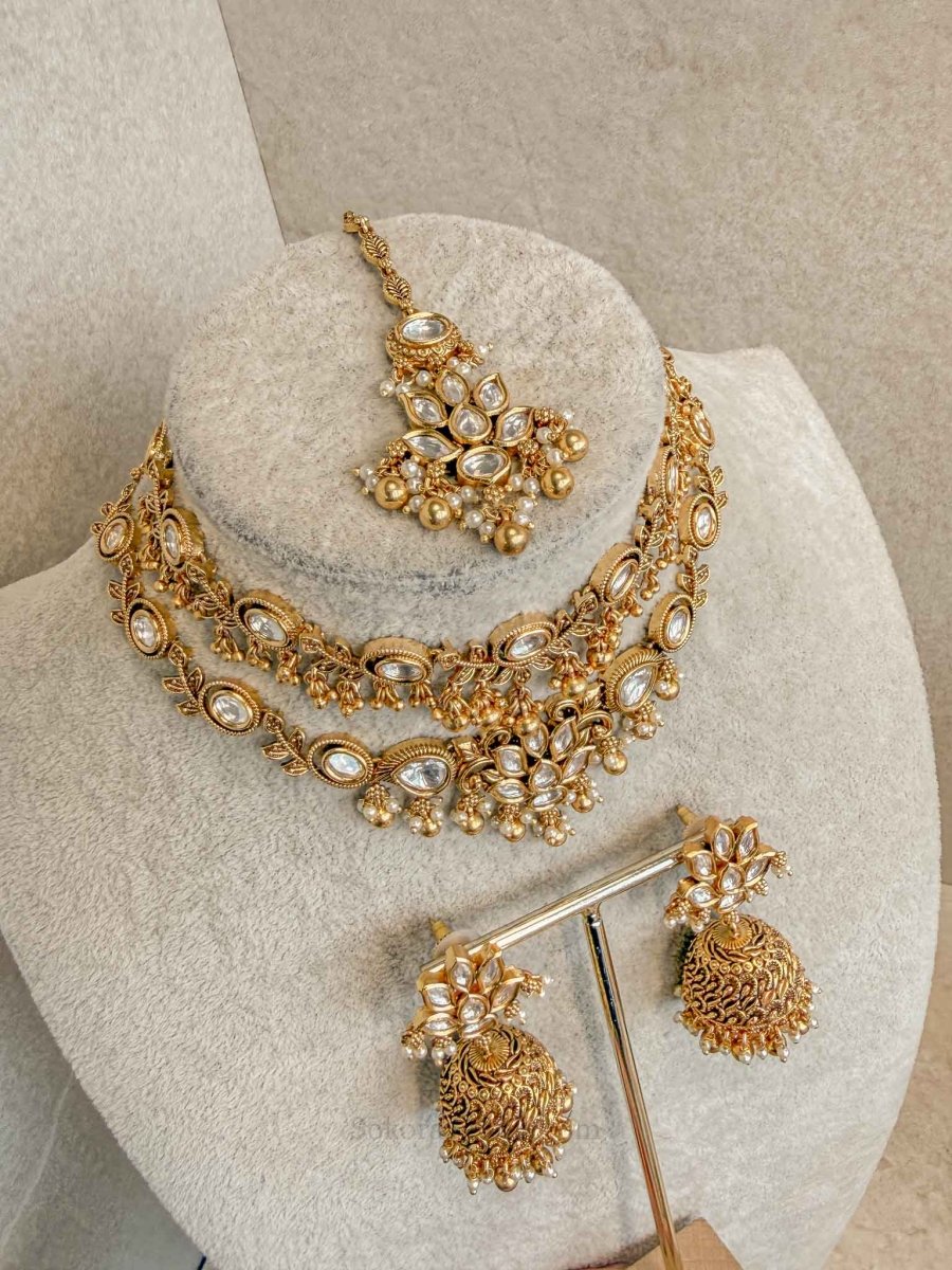 Gold Plated Kundan Bridal Set with Double Necklace & Jhumka Earrings - SOKORA JEWELSGold Plated Kundan Bridal Set with Double Necklace & Jhumka Earrings