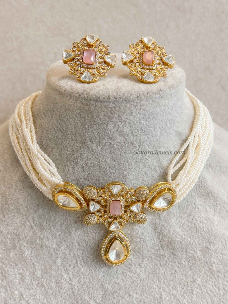 Gold Plated Kundan Pink Choker and Earring set - SOKORA JEWELSGold Plated Kundan Pink Choker and Earring set