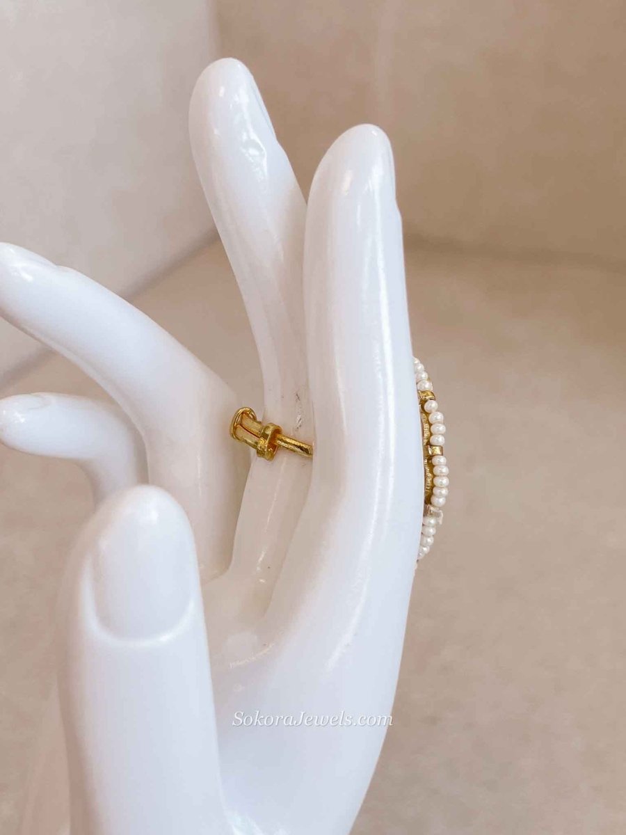 Gold Plated Pearl Detail Kundan Ring - SOKORA JEWELSGold Plated Pearl Detail Kundan RingRING