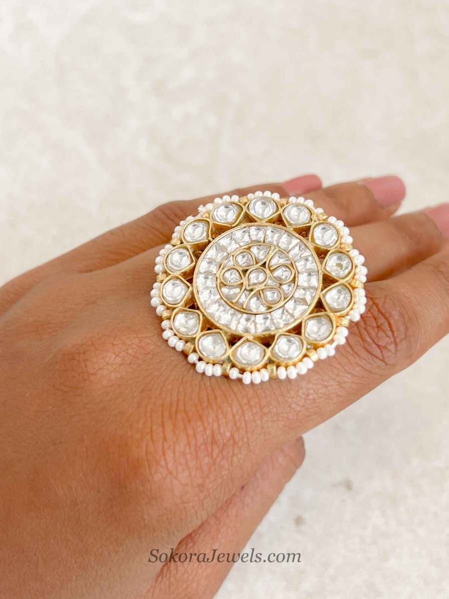 Gold Plated Pearl Detail Kundan Ring - SOKORA JEWELSGold Plated Pearl Detail Kundan RingRING