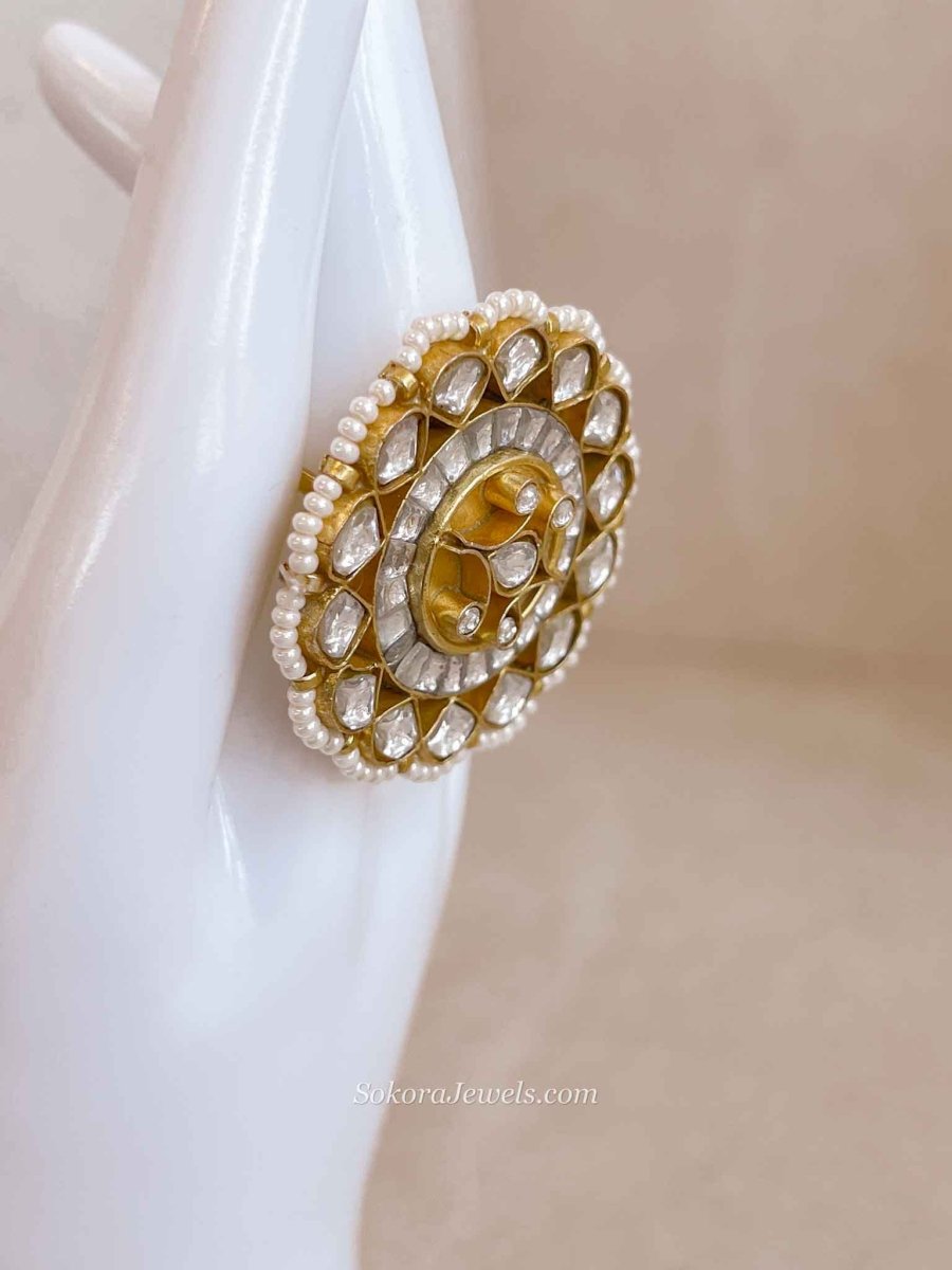 Gold Plated Pearl Detail Kundan Ring - SOKORA JEWELSGold Plated Pearl Detail Kundan RingRING