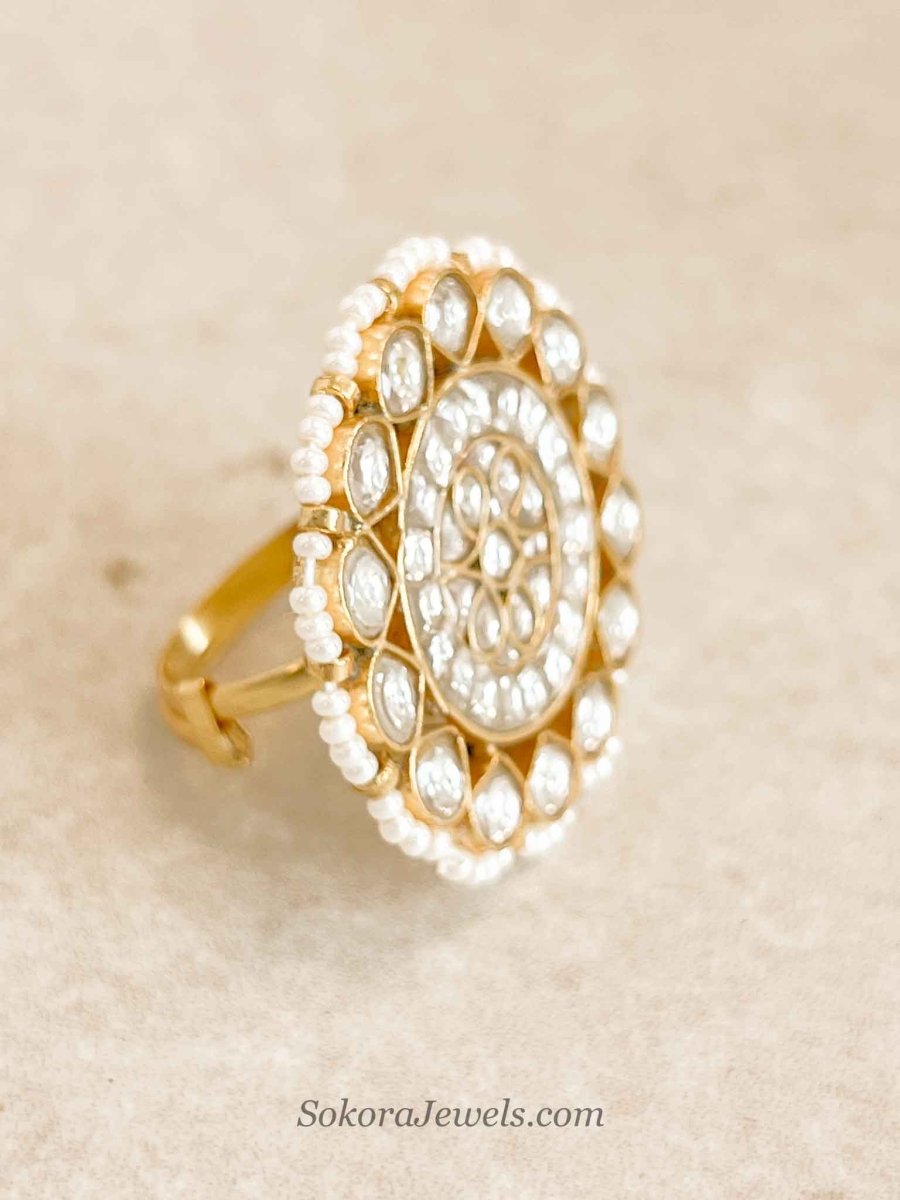 Gold Plated Pearl Detail Kundan Ring - SOKORA JEWELSGold Plated Pearl Detail Kundan RingRING