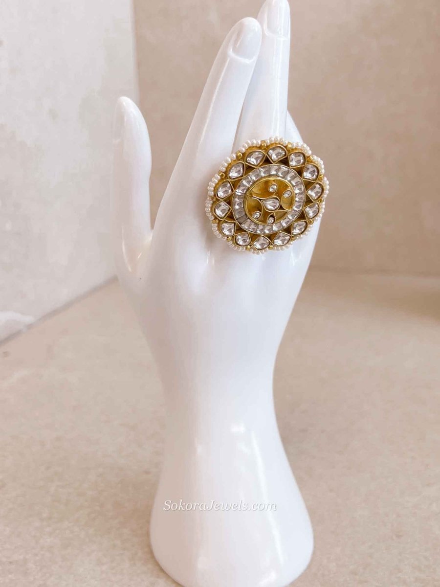 Gold Plated Pearl Detail Kundan Ring - SOKORA JEWELSGold Plated Pearl Detail Kundan RingRING