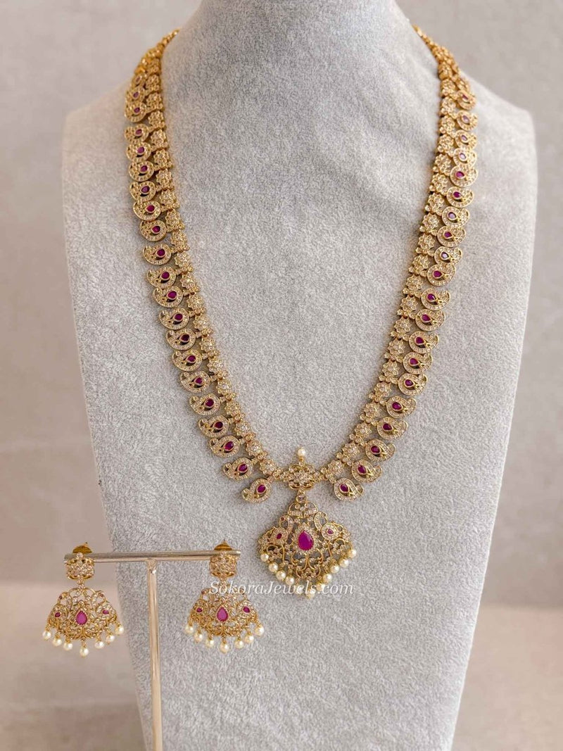 Gold Plated Ruby and Zircon detail Peacock Necklace Set - SOKORA JEWELSGold Plated Ruby and Zircon detail Peacock Necklace Set