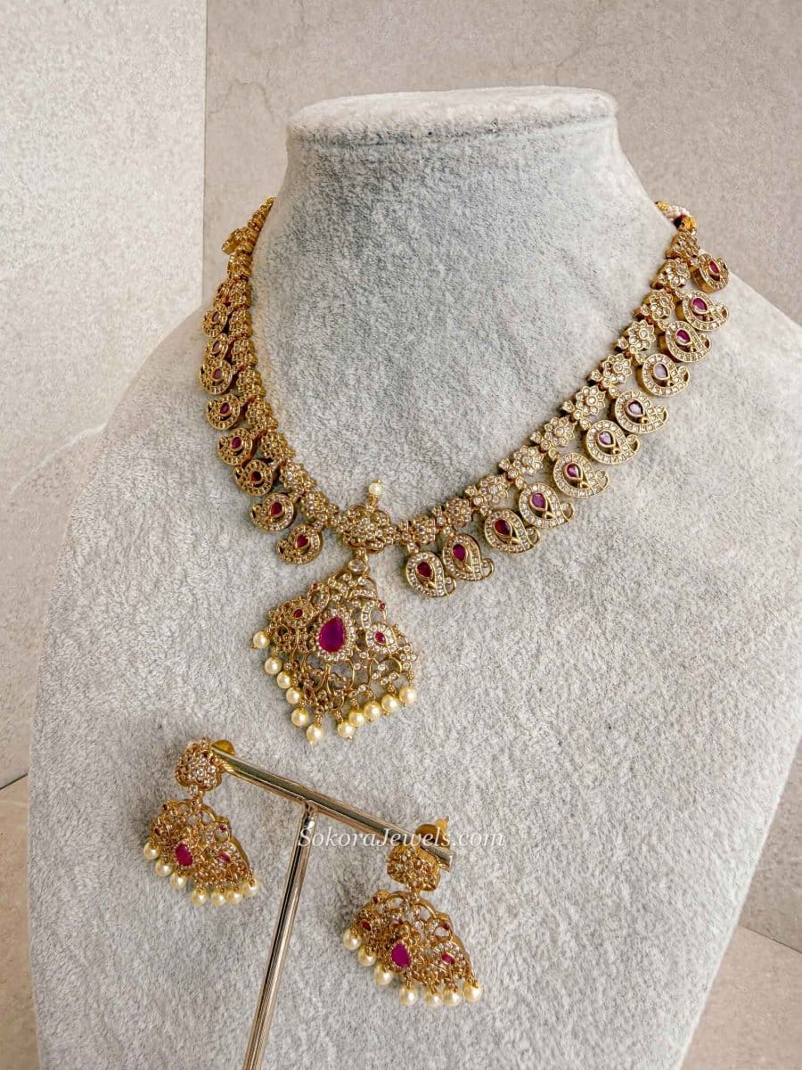 Gold Plated Ruby and Zircon detail Peacock Necklace Set - SOKORA JEWELSGold Plated Ruby and Zircon detail Peacock Necklace Set