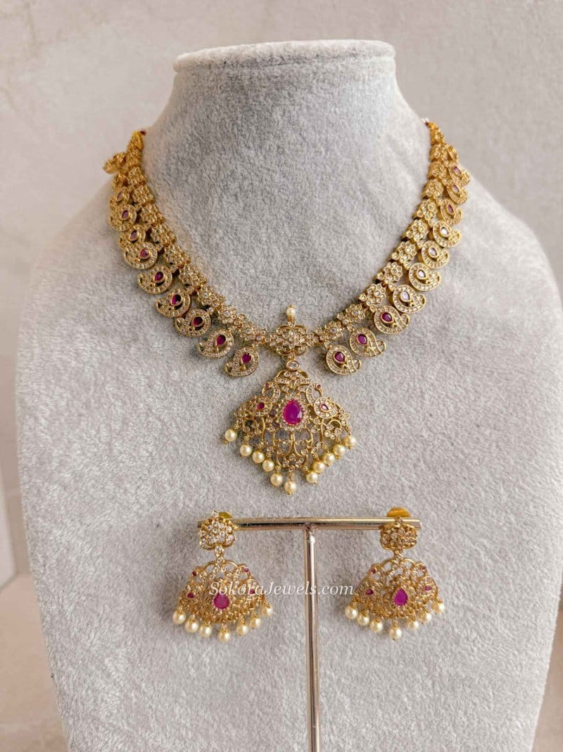 Gold Plated Ruby and Zircon detail Peacock Necklace Set - SOKORA JEWELSGold Plated Ruby and Zircon detail Peacock Necklace Set
