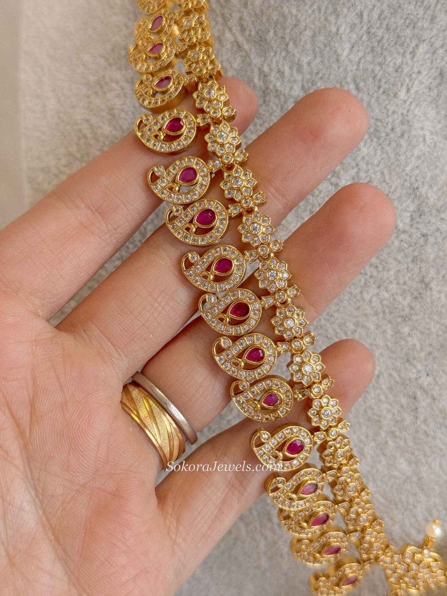 Gold Plated Ruby and Zircon detail Peacock Necklace Set - SOKORA JEWELSGold Plated Ruby and Zircon detail Peacock Necklace Set