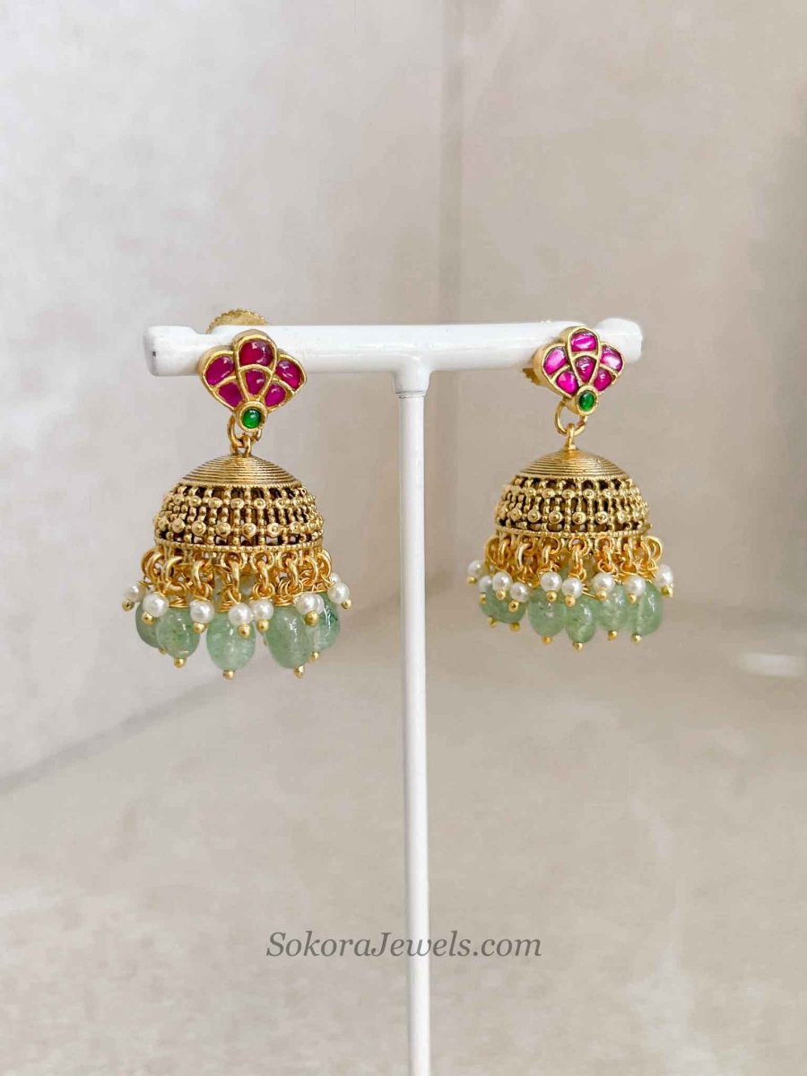 Gold Plated Ruby & Green Kemp Pendant Necklace Set - SOKORA JEWELSGold Plated Ruby & Green Kemp Pendant Necklace Set