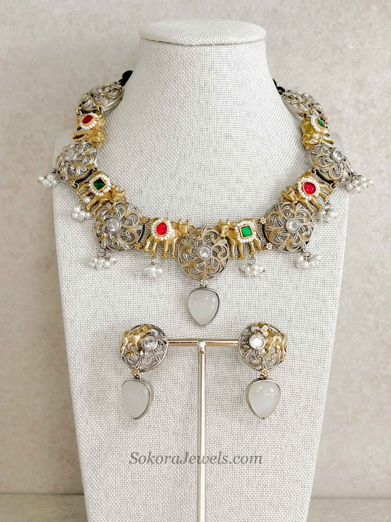 Gold/ Silver Heritage Motif Necklace Set - SOKORA JEWELSGold/ Silver Heritage Motif Necklace Set