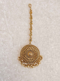 Gold Statement Maang Tikka – Pearl Drop Finish - SOKORA JEWELSGold Statement Maang Tikka – Pearl Drop Finish