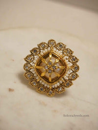 Gold Tone Faux Kundan & Pearl Floral Statement Ring - SOKORA JEWELSGold Tone Faux Kundan & Pearl Floral Statement RingRING