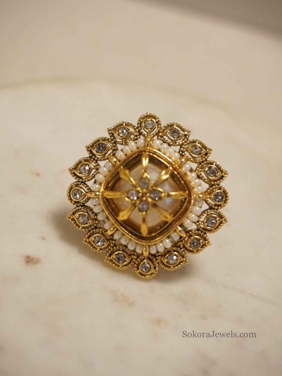 Gold Tone Faux Kundan & Pearl Floral Statement Ring - SOKORA JEWELSGold Tone Faux Kundan & Pearl Floral Statement RingRING