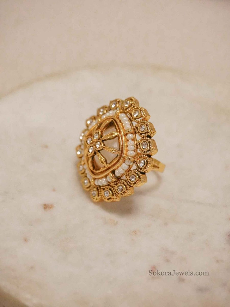 Gold Tone Faux Kundan & Pearl Floral Statement Ring - SOKORA JEWELSGold Tone Faux Kundan & Pearl Floral Statement RingRING