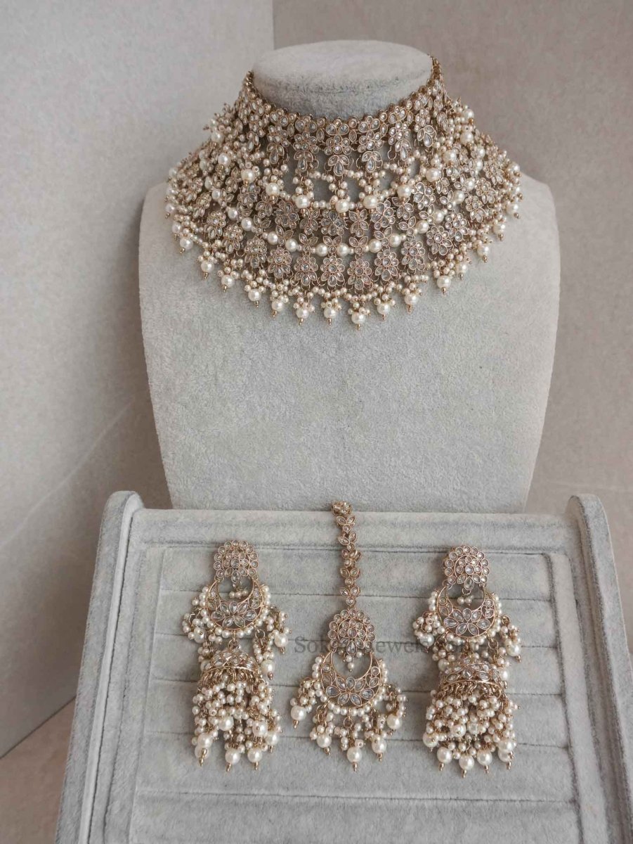 Golden Bridal Necklace Set - SOKORA JEWELSGolden Bridal Necklace Set