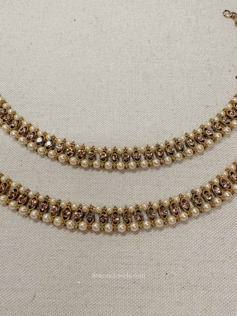 Golden crystal and Pearl Anklets - SOKORA JEWELSGolden crystal and Pearl Anklets