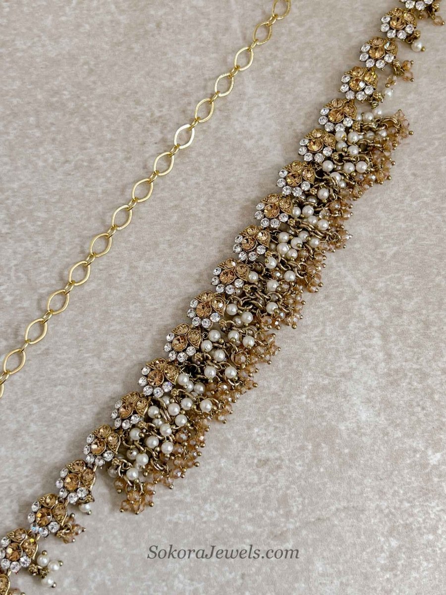 Golden Floral Crystal Beaded Waist chain - SOKORA JEWELSGolden Floral Crystal Beaded Waist chain