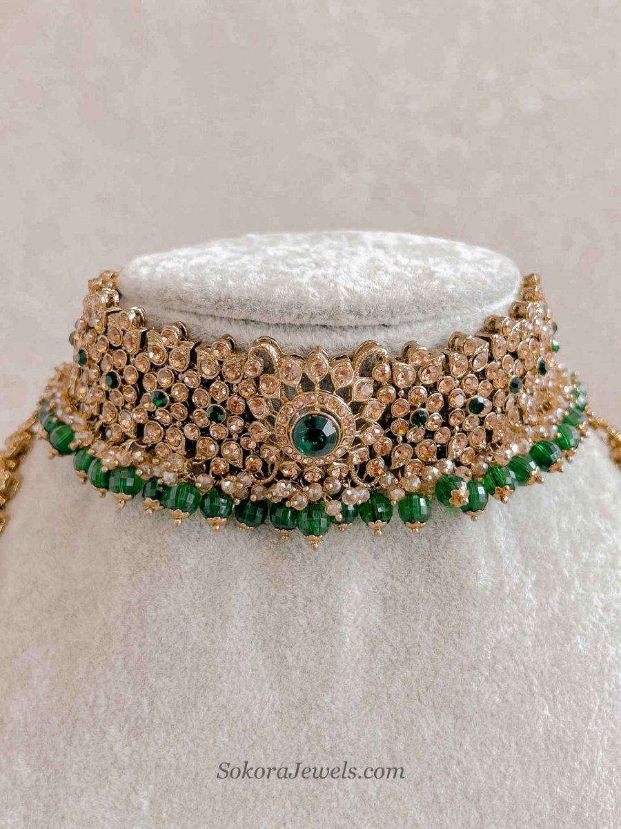 Golden Full Bridal set with Green beads - SOKORA JEWELSGolden Full Bridal set with Green beads
