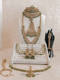 Golden Full Bridal set with Green beads - SOKORA JEWELSGolden Full Bridal set with Green beads