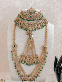 Golden Full Bridal set with Green beads - SOKORA JEWELSGolden Full Bridal set with Green beads