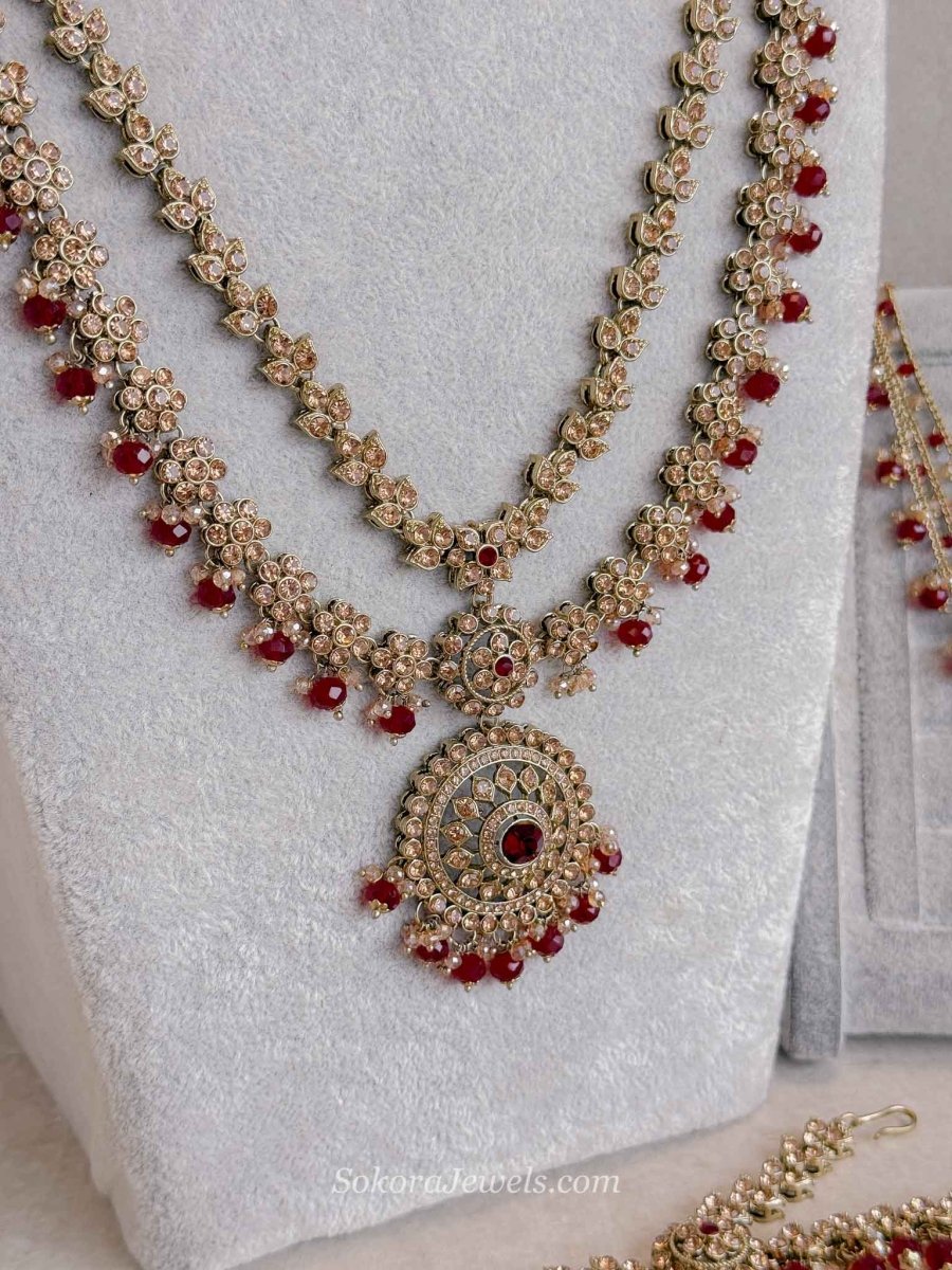 Golden Full Bridal set with Maroon beads - SOKORA JEWELSGolden Full Bridal set with Maroon beads