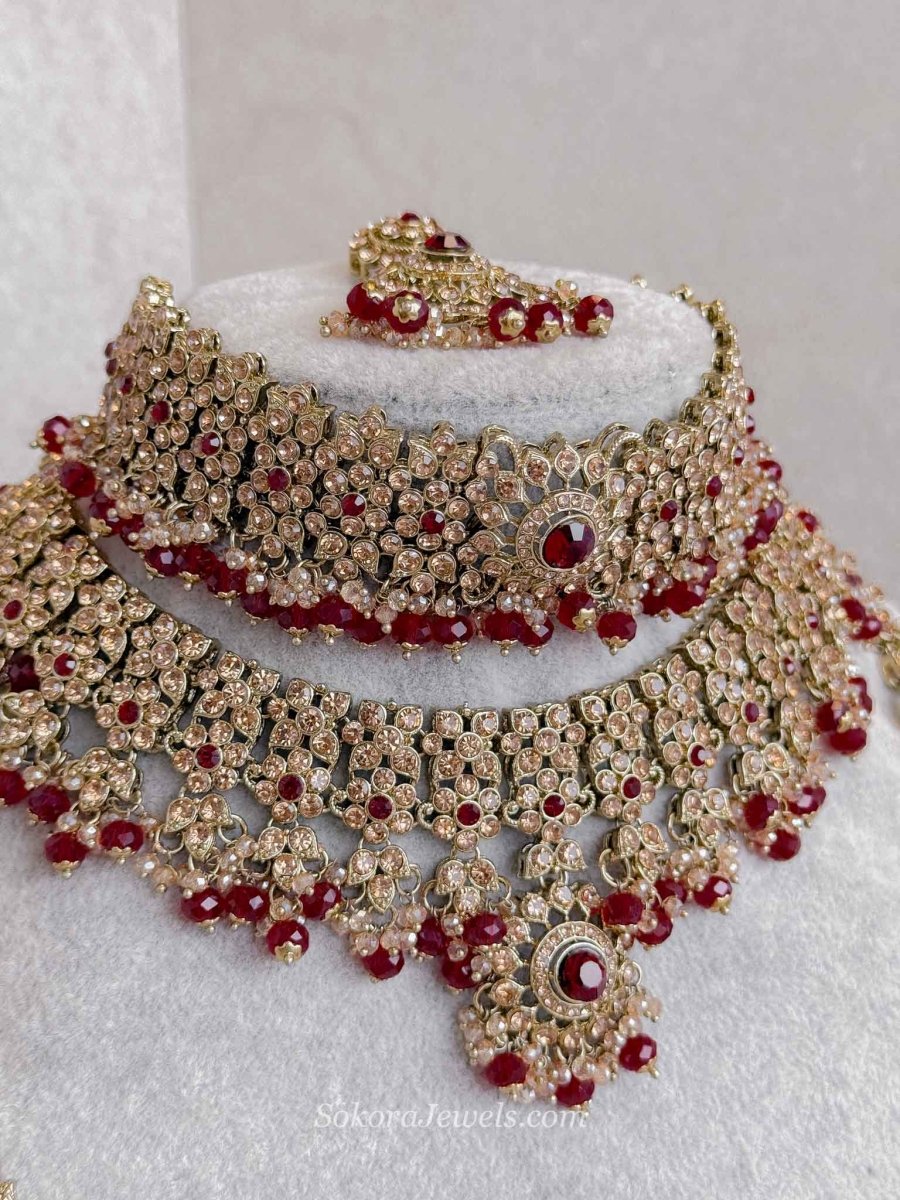 Golden Full Bridal set with Maroon beads - SOKORA JEWELSGolden Full Bridal set with Maroon beads