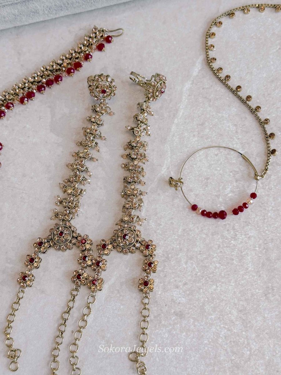 Golden Full Bridal set with Maroon beads - SOKORA JEWELSGolden Full Bridal set with Maroon beads