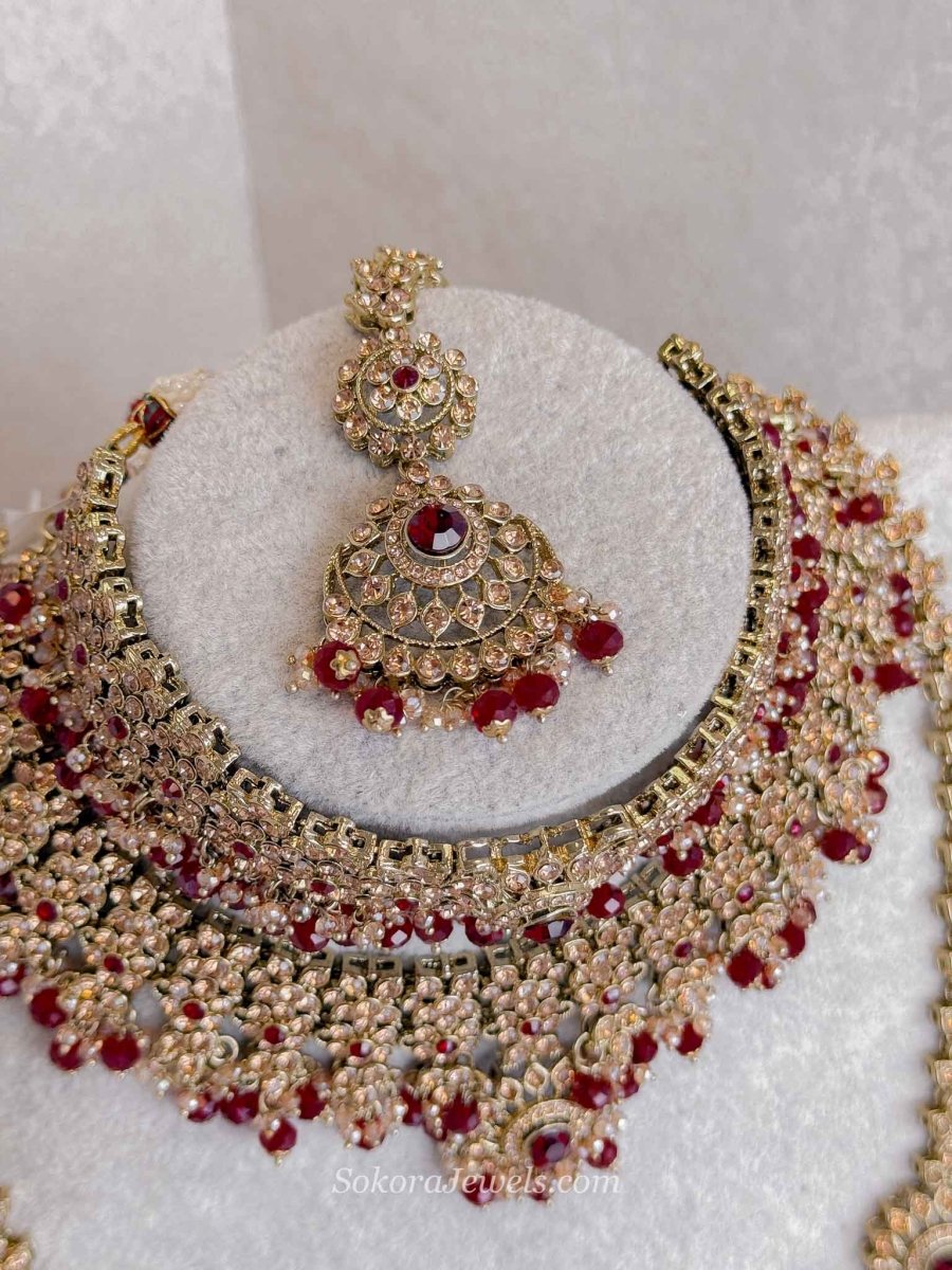 Golden Full Bridal set with Maroon beads - SOKORA JEWELSGolden Full Bridal set with Maroon beads