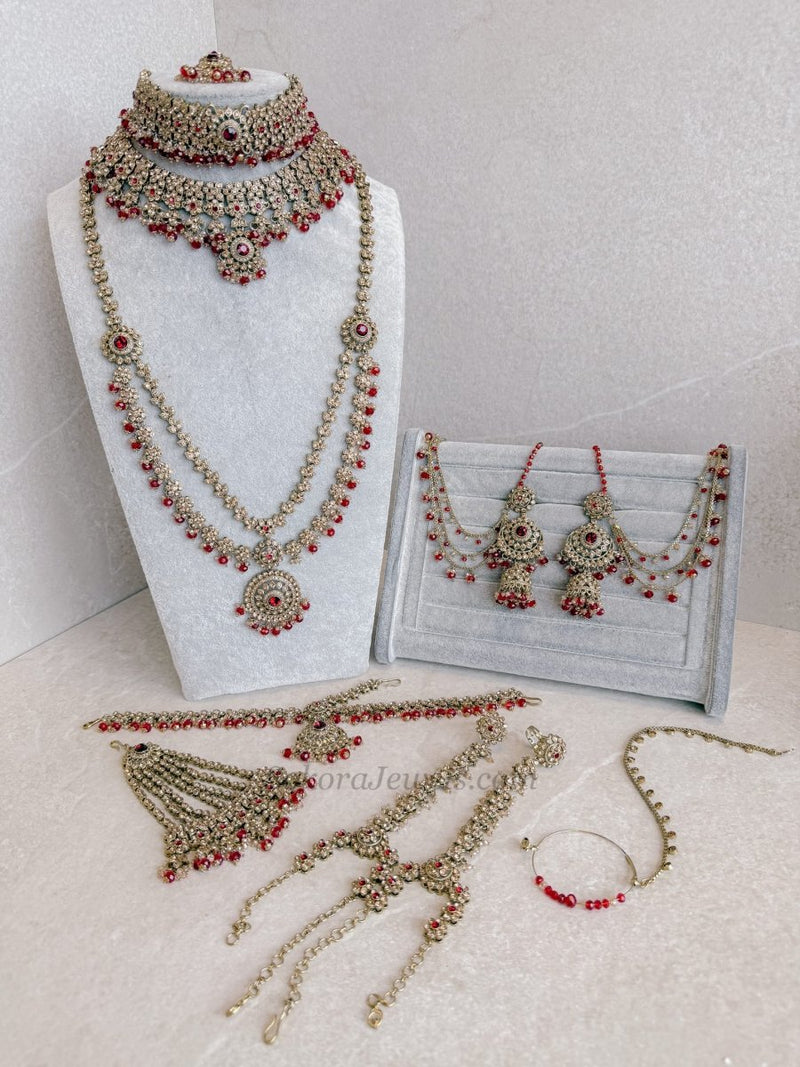 Golden Full Bridal set with Red beads - SOKORA JEWELSGolden Full Bridal set with Red beads