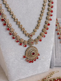 Golden Full Bridal set with Red beads - SOKORA JEWELSGolden Full Bridal set with Red beads