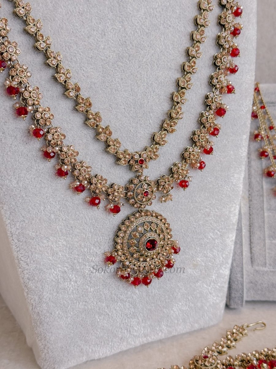 Golden Full Bridal set with Red beads - SOKORA JEWELSGolden Full Bridal set with Red beads