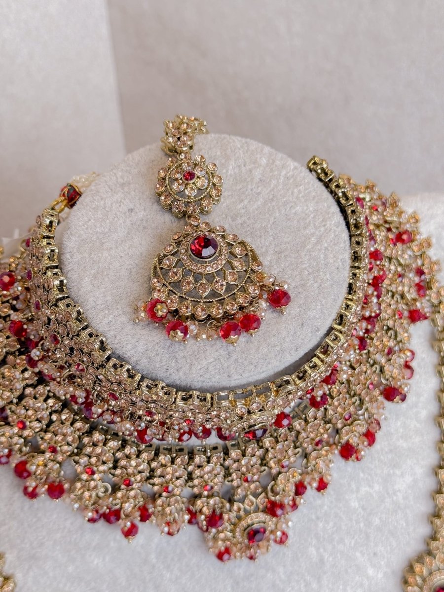 Golden Full Bridal set with Red beads - SOKORA JEWELSGolden Full Bridal set with Red beads