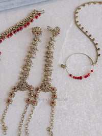 Golden Full Bridal set with Red beads - SOKORA JEWELSGolden Full Bridal set with Red beads