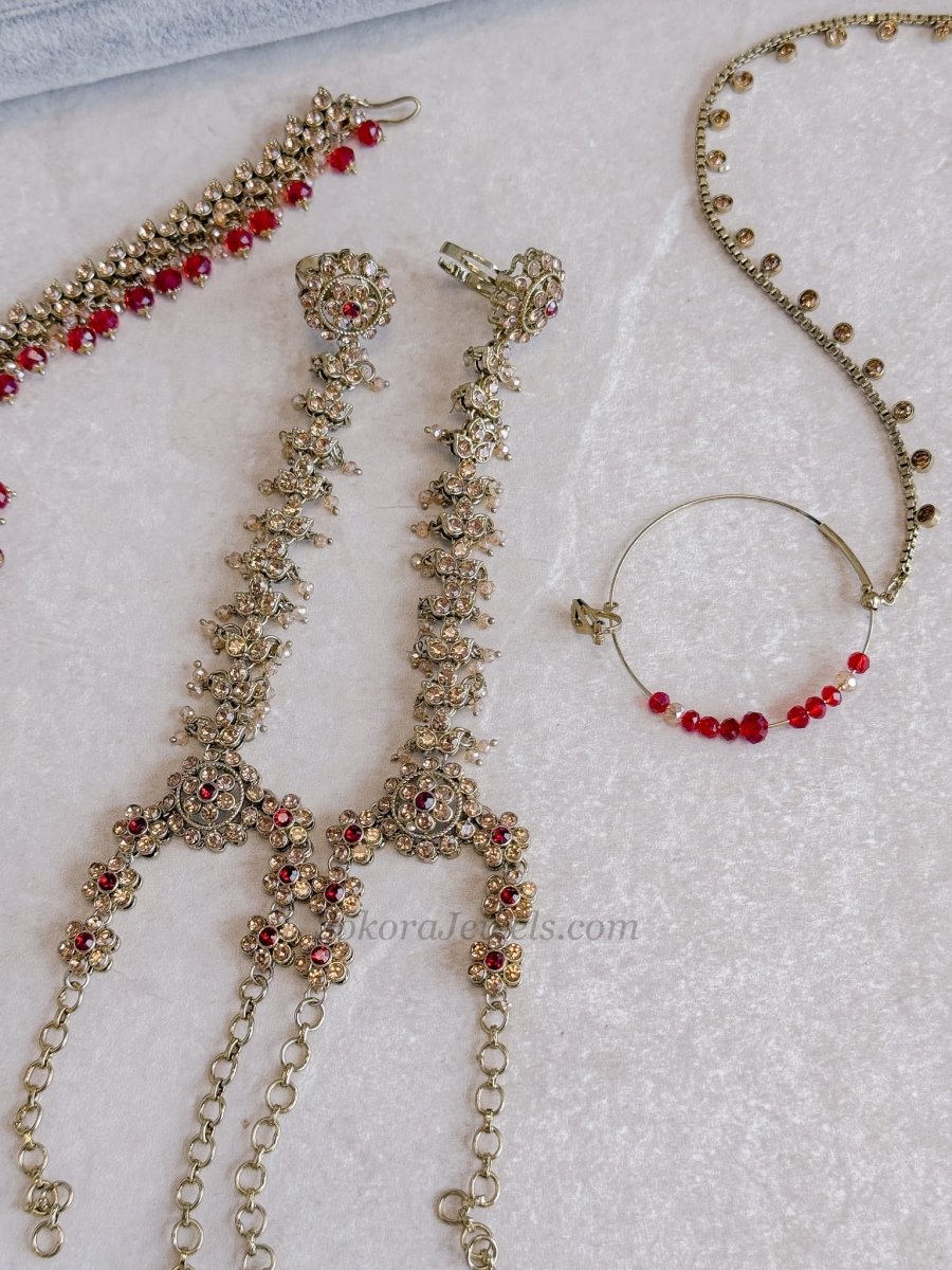 Golden Full Bridal set with Red beads - SOKORA JEWELSGolden Full Bridal set with Red beads