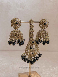 Golden Jhumka Earrings and Tikka Set - SOKORA JEWELSGolden Jhumka Earrings and Tikka Set