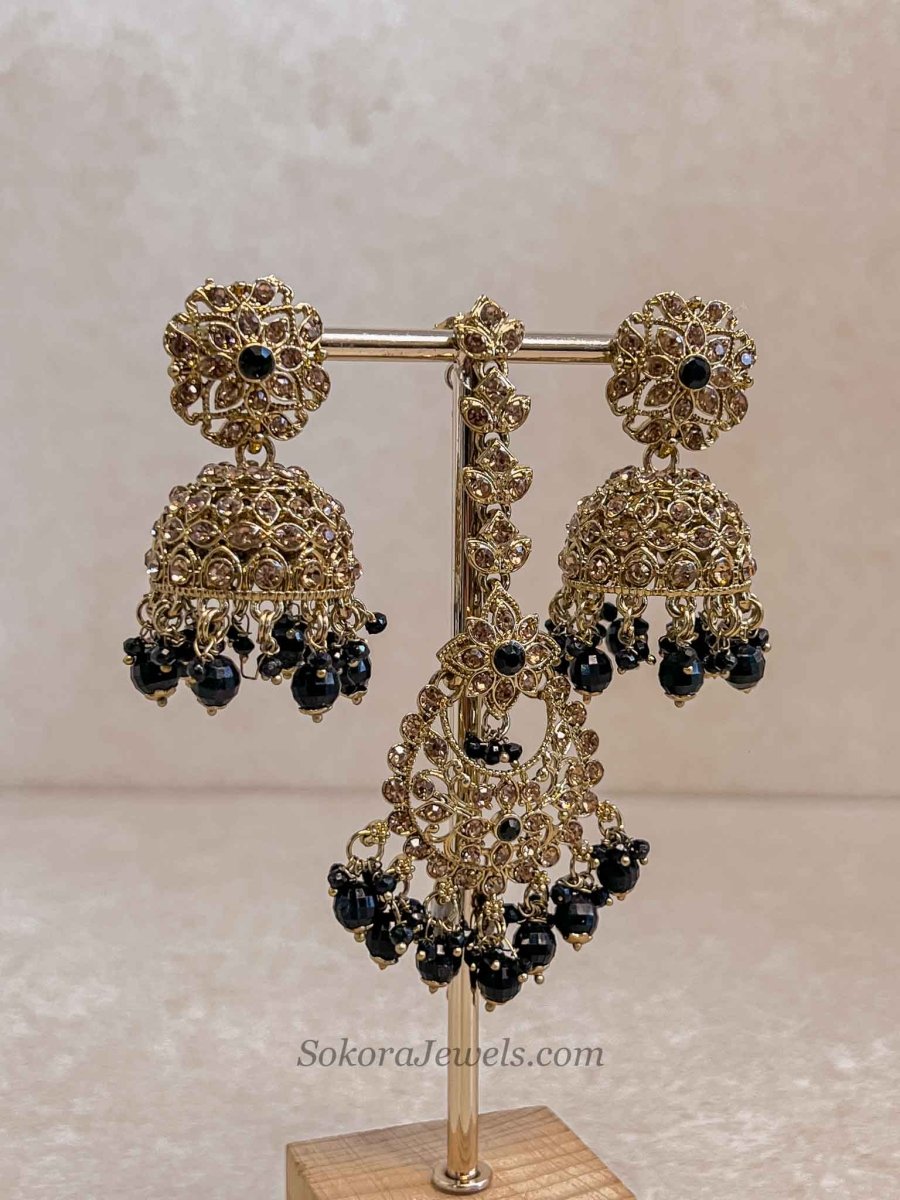 Golden Jhumka Earrings and Tikka Set - SOKORA JEWELSGolden Jhumka Earrings and Tikka Set