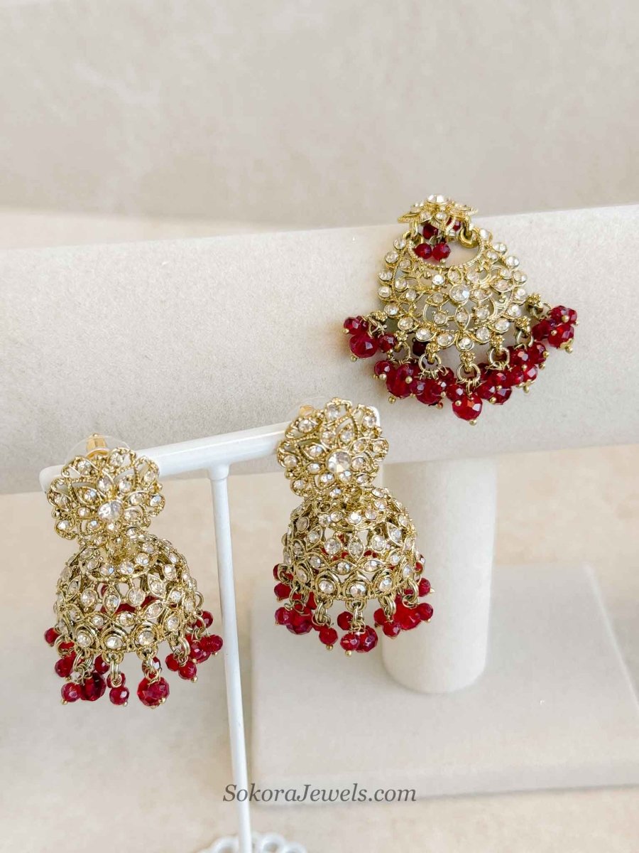 Golden Jhumka Earrings and Tikka Set - SOKORA JEWELSGolden Jhumka Earrings and Tikka Set