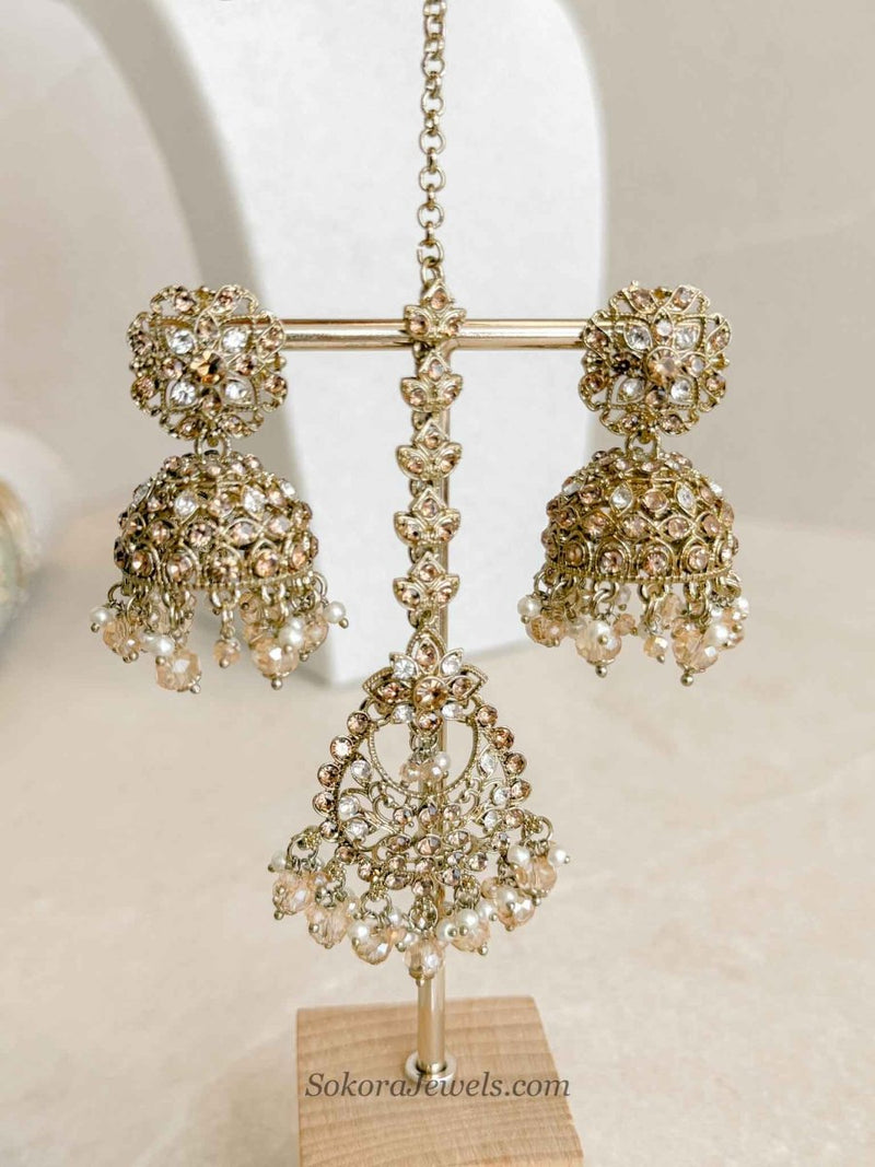 Golden Jhumka Earrings and Tikka Set - SOKORA JEWELSGolden Jhumka Earrings and Tikka Set
