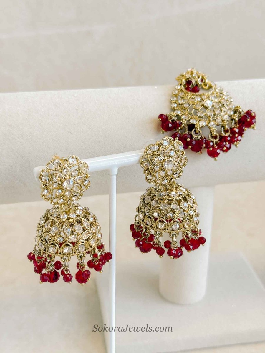 Golden Jhumka Earrings and Tikka Set - SOKORA JEWELSGolden Jhumka Earrings and Tikka Set