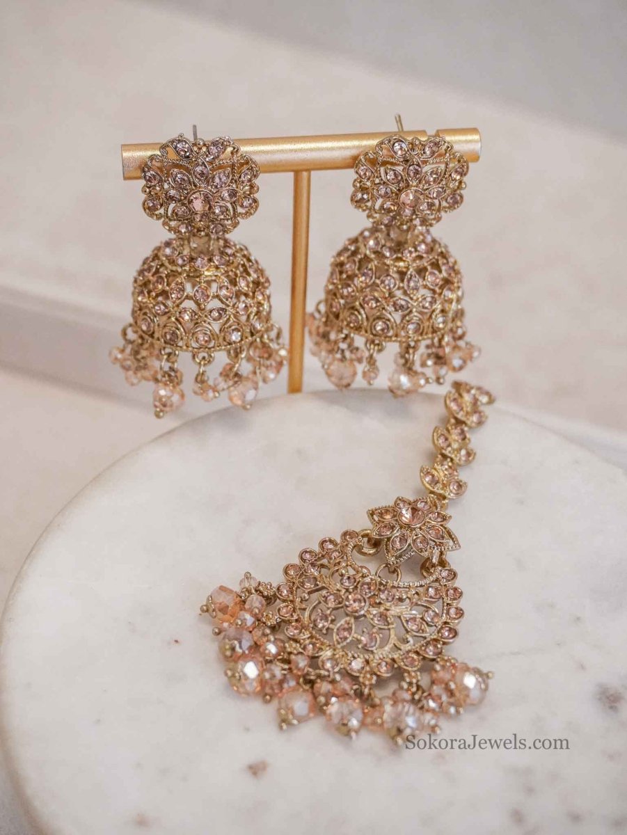 Golden Jhumka Earrings & Tikka sets - SOKORA JEWELSGolden Jhumka Earrings & Tikka sets