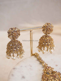 Golden Jhumka Earrings & Tikka sets - SOKORA JEWELSGolden Jhumka Earrings & Tikka sets