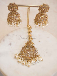 Golden Jhumka Earrings & Tikka sets - SOKORA JEWELSGolden Jhumka Earrings & Tikka sets