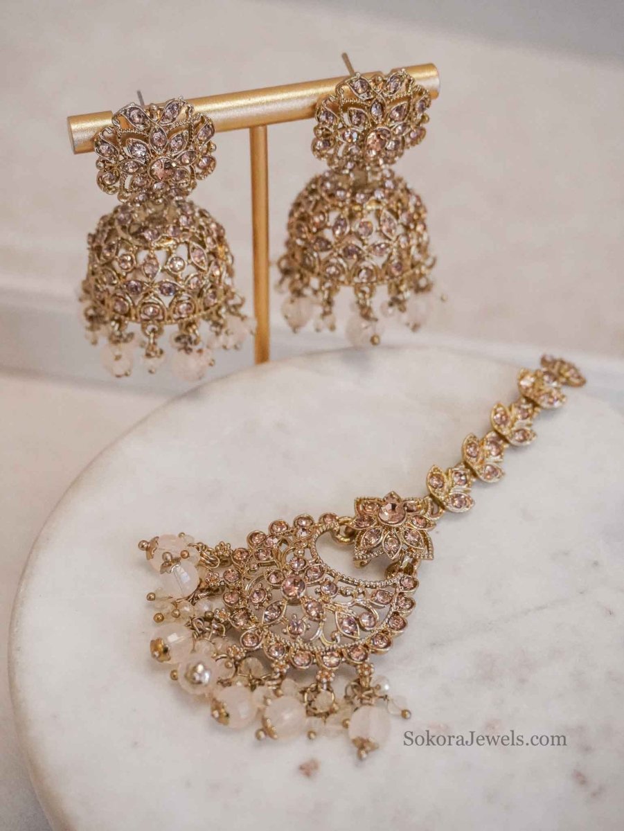 Golden Jhumka Earrings & Tikka sets - SOKORA JEWELSGolden Jhumka Earrings & Tikka sets