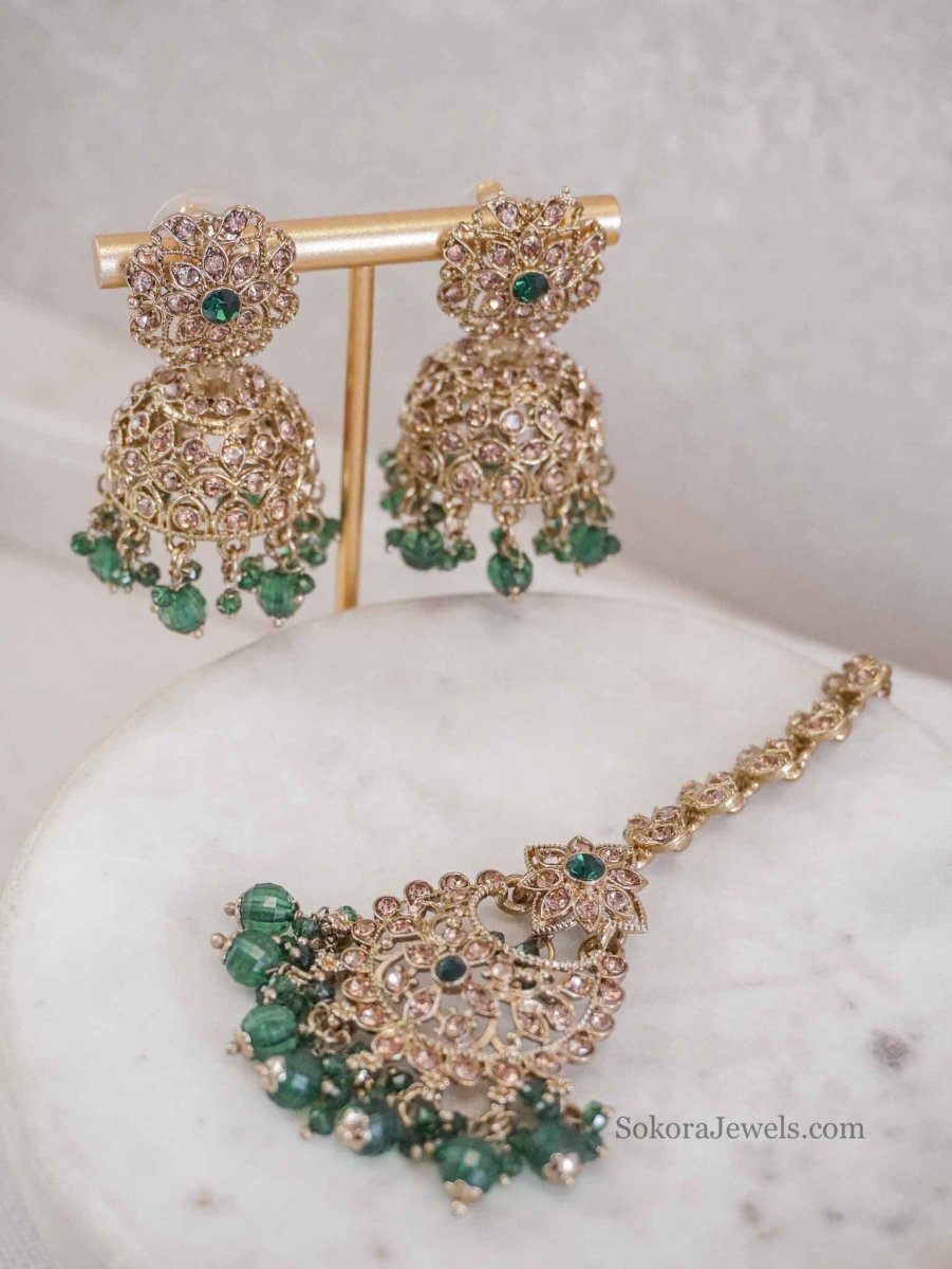 Golden Jhumka Earrings & Tikka sets - SOKORA JEWELSGolden Jhumka Earrings & Tikka sets