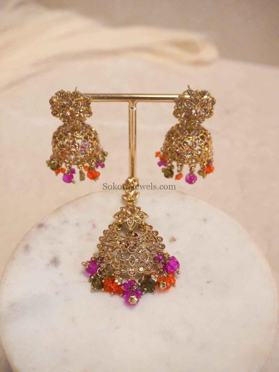 Golden Jhumka Earrings & Tikka sets - SOKORA JEWELSGolden Jhumka Earrings & Tikka sets