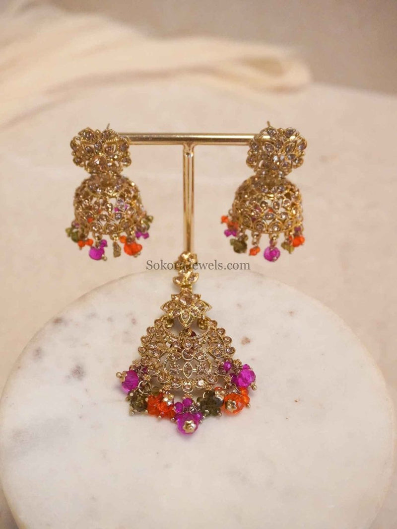 Golden Jhumka Earrings & Tikka sets - SOKORA JEWELSGolden Jhumka Earrings & Tikka sets