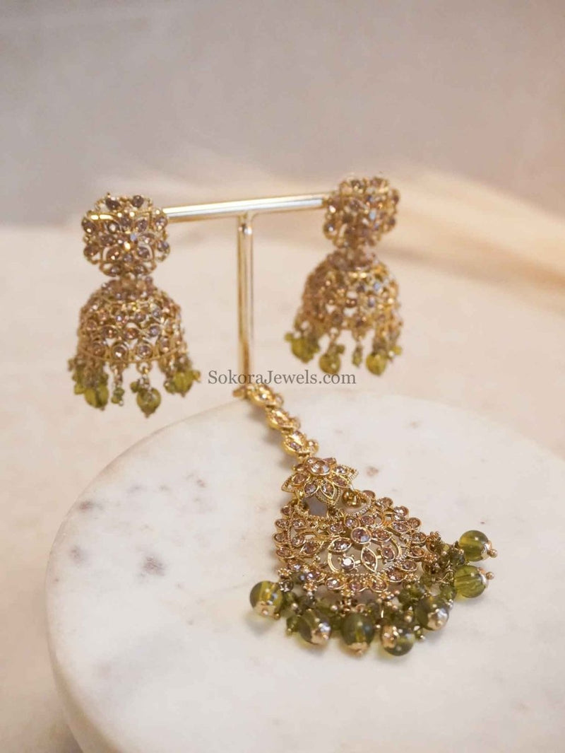 Golden Jhumka Earrings & Tikka sets - SOKORA JEWELSGolden Jhumka Earrings & Tikka sets