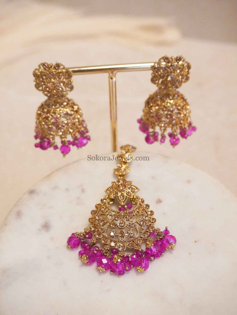 Golden Jhumka Earrings & Tikka sets - SOKORA JEWELSGolden Jhumka Earrings & Tikka sets