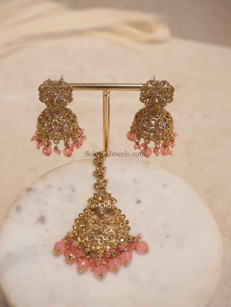 Golden Jhumka Earrings & Tikka sets - SOKORA JEWELSGolden Jhumka Earrings & Tikka sets