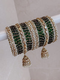 Green Glass & Jhumka Bridal Bangle Set - SOKORA JEWELSGreen Glass & Jhumka Bridal Bangle SetBANGLES