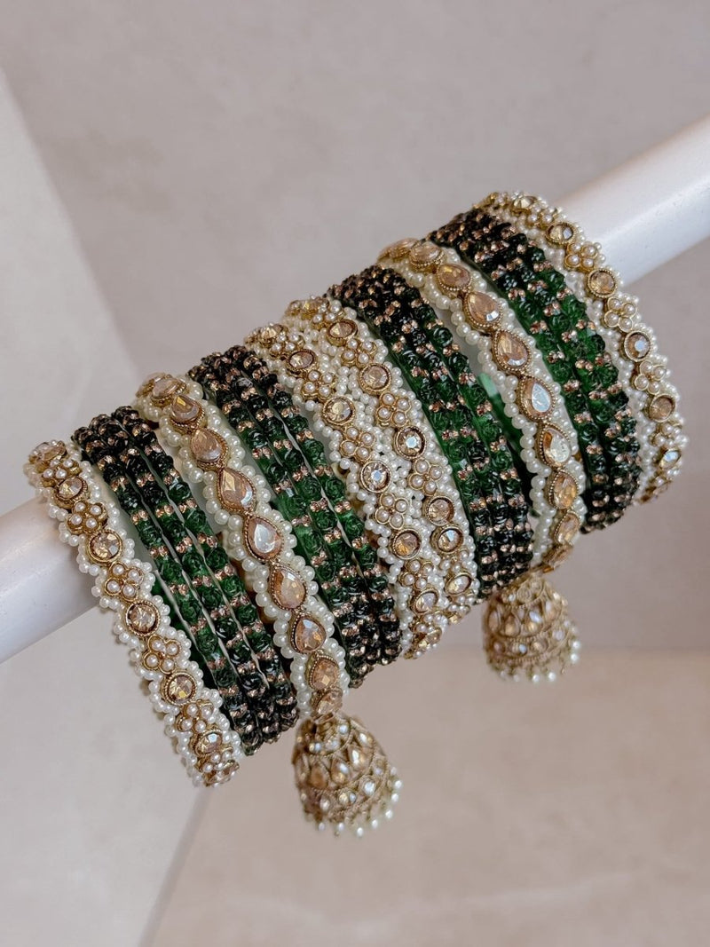 Green Glass & Jhumka Bridal Bangle Set - SOKORA JEWELSGreen Glass & Jhumka Bridal Bangle SetBANGLES